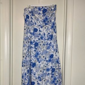 Blue and white floral strapless maxi dress